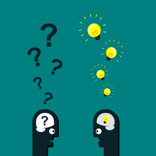 Two minimalist cartoon heads talking; the one on the left has question marks raising from its head; the one on the right has illuminated lightbulbs raising from its head. 